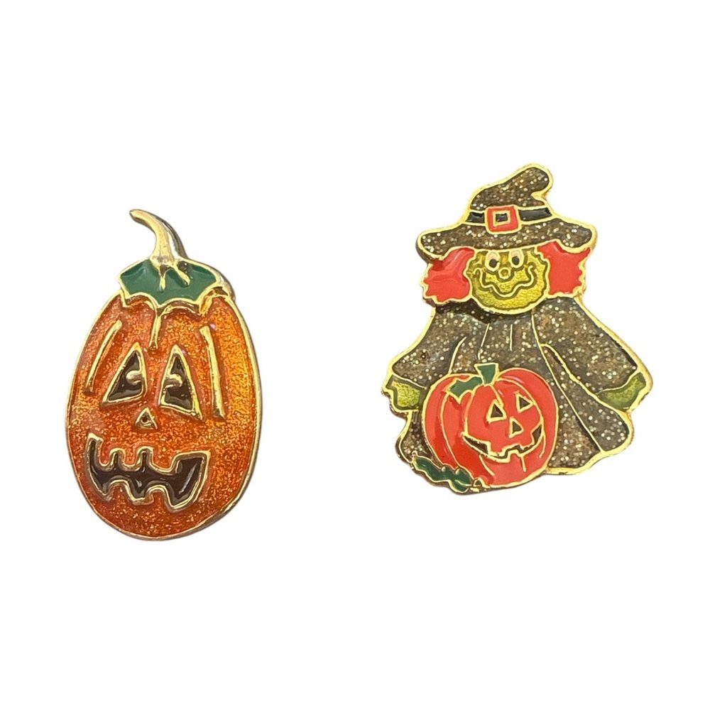 Vintage Halloween Pumpkin Witch Enamel Pin Set Brooch Fall Spooky Jewelry